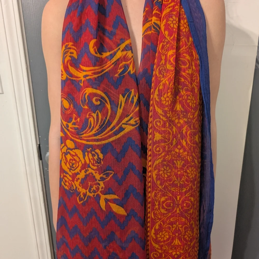 Sheer Large Royal Blue, Red and Orangy Gold Shawl, Scarf or Wrap - Picture 6 of 7